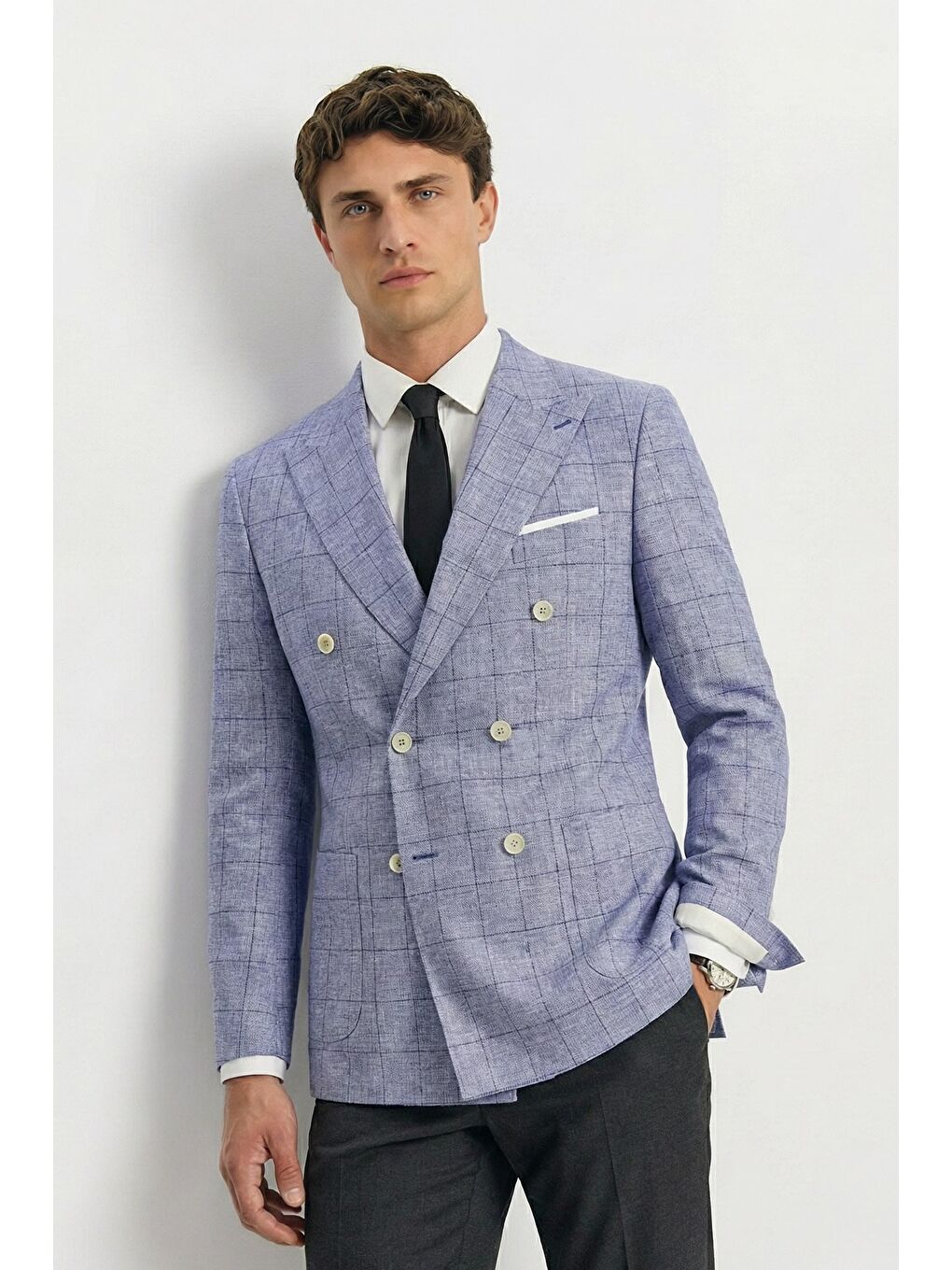 Mavi Giotelli Saks Ekose Sivri Yaka Roma Kalıp 6 Drop Astarsız Erkek Ceket-2