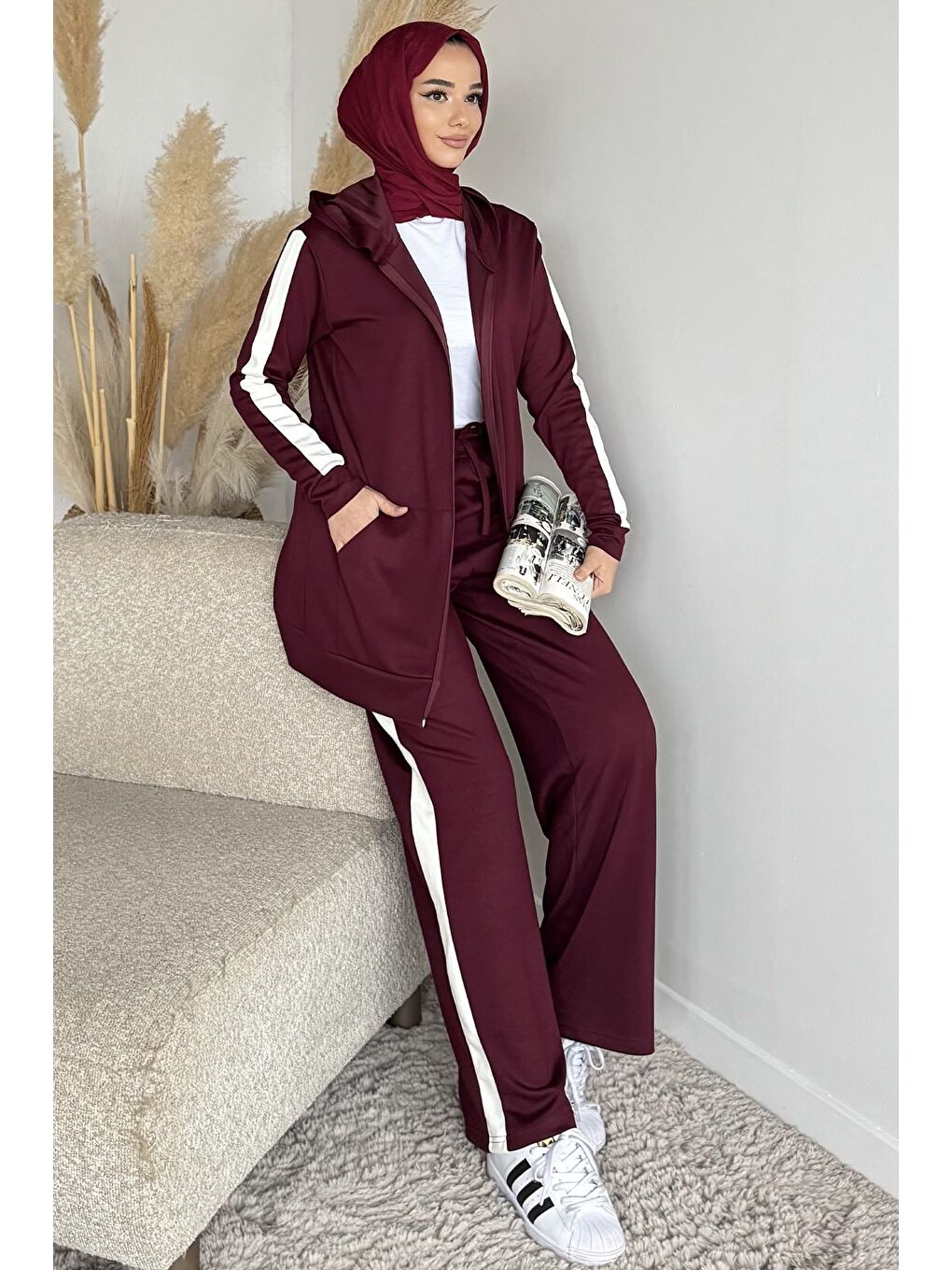 Bordo Tesettür Fermuarlı Kapüşonlu Tunik Pantolon İkili Takım