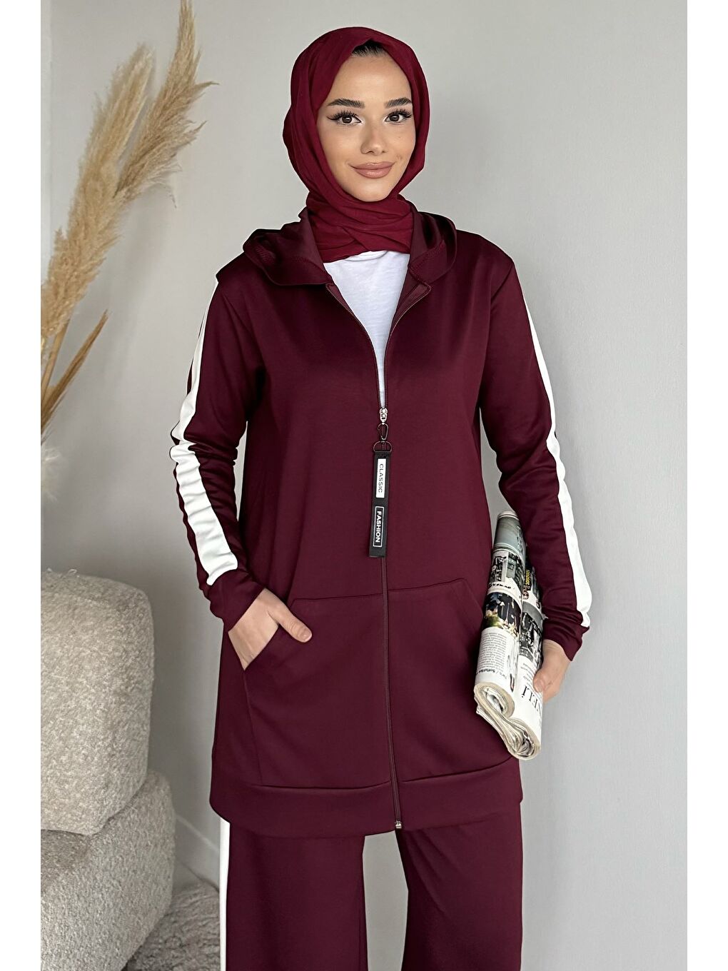 Bordo Tesettür Fermuarlı Kapüşonlu Tunik Pantolon İkili Takım-2