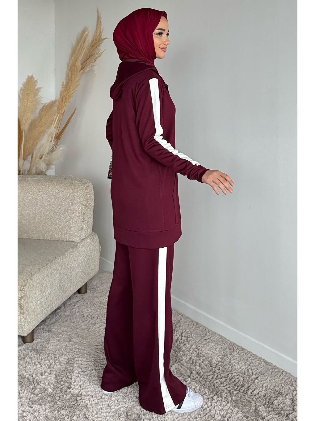 Bordo Tesettür Fermuarlı Kapüşonlu Tunik Pantolon İkili Takım-5