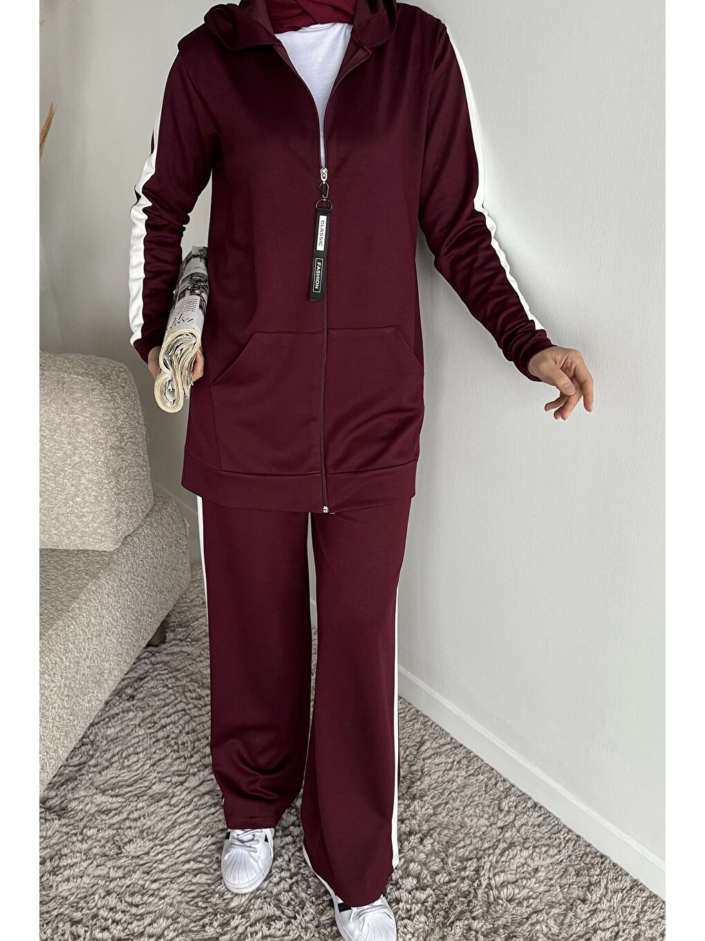 Bordo Tesettür Fermuarlı Kapüşonlu Tunik Pantolon İkili Takım-7