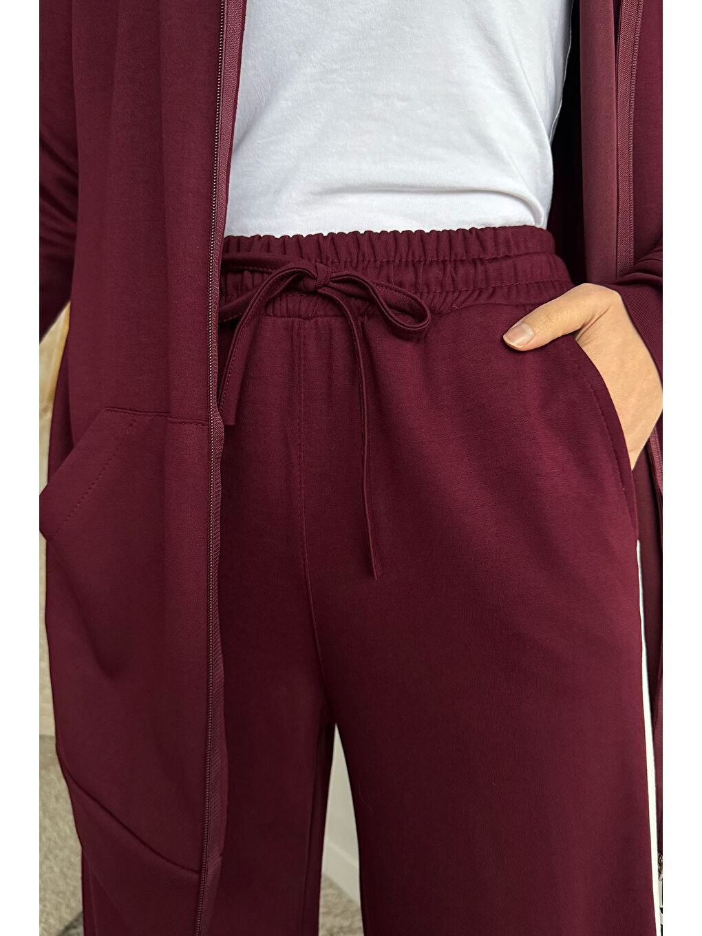 Bordo Tesettür Fermuarlı Kapüşonlu Tunik Pantolon İkili Takım-9
