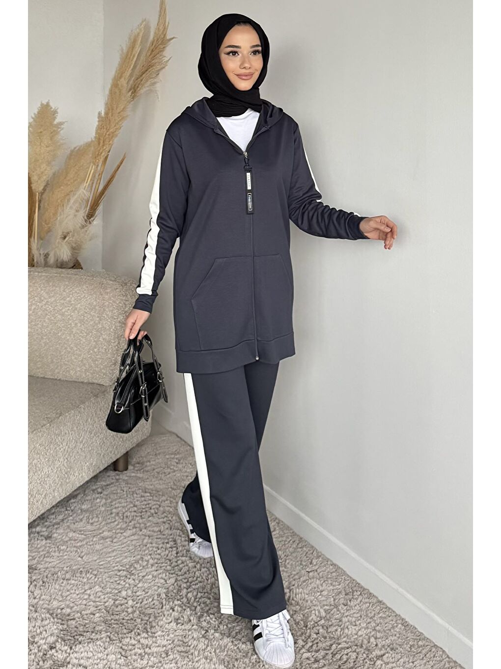Gri Tesettür Fermuarlı Kapüşonlu Tunik Pantolon İkili Takım-1