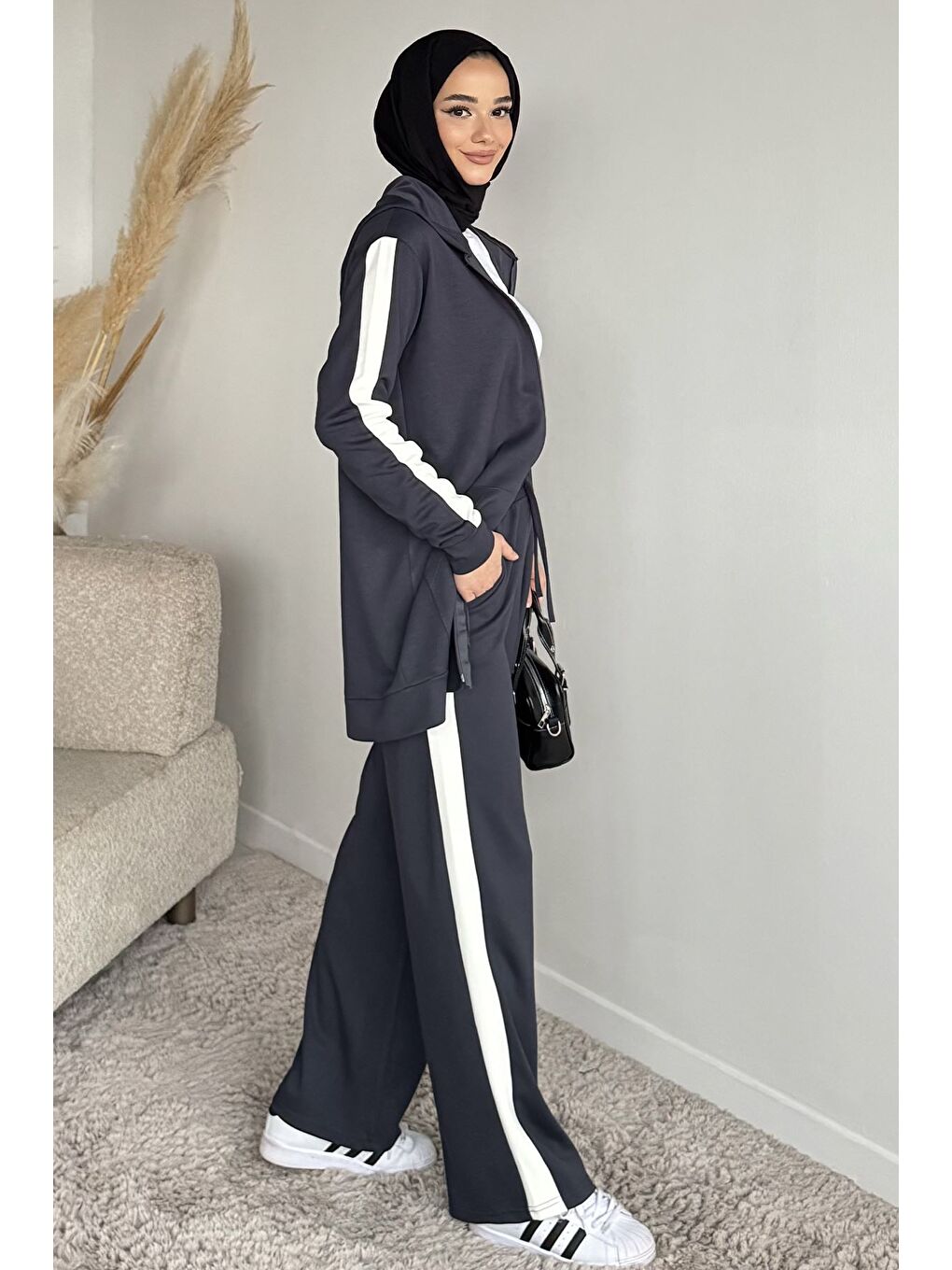 Gri Tesettür Fermuarlı Kapüşonlu Tunik Pantolon İkili Takım-2