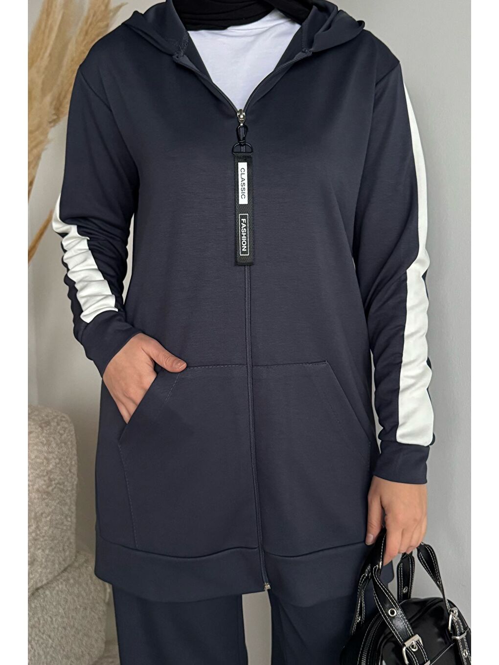 Gri Tesettür Fermuarlı Kapüşonlu Tunik Pantolon İkili Takım-5