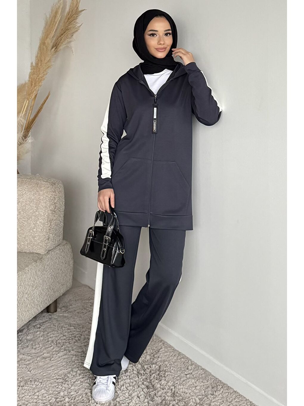 Gri Tesettür Fermuarlı Kapüşonlu Tunik Pantolon İkili Takım-6