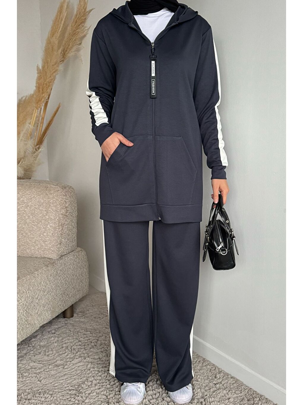 Gri Tesettür Fermuarlı Kapüşonlu Tunik Pantolon İkili Takım-8
