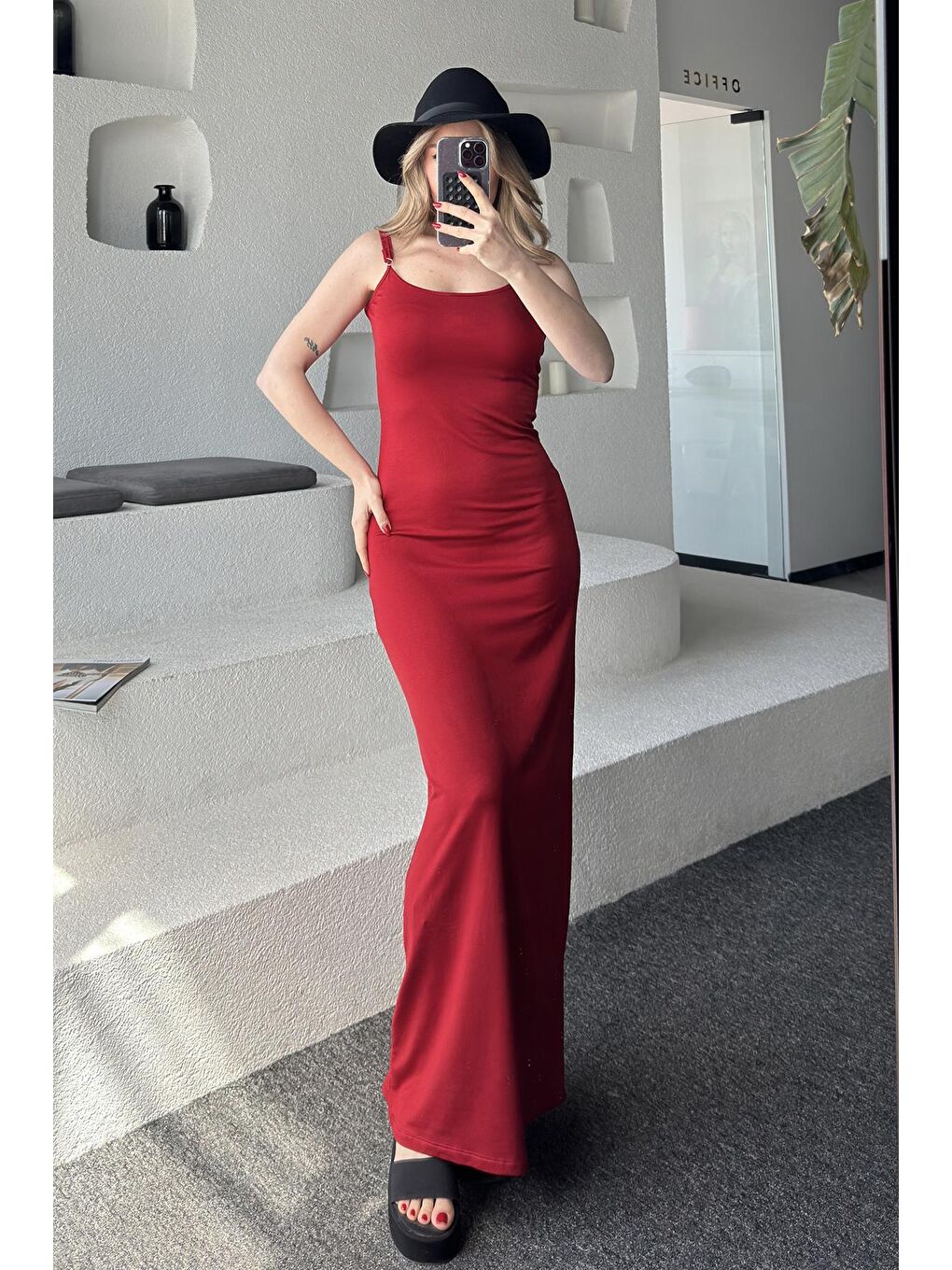 Kadın Kırmızı Askılı Penye Elbise