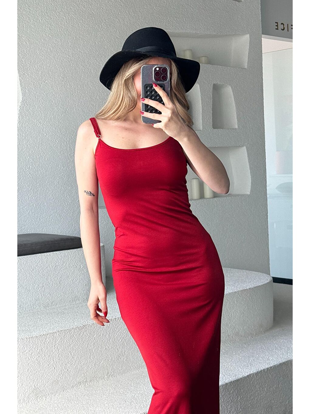 Kadın Kırmızı Askılı Penye Elbise-1