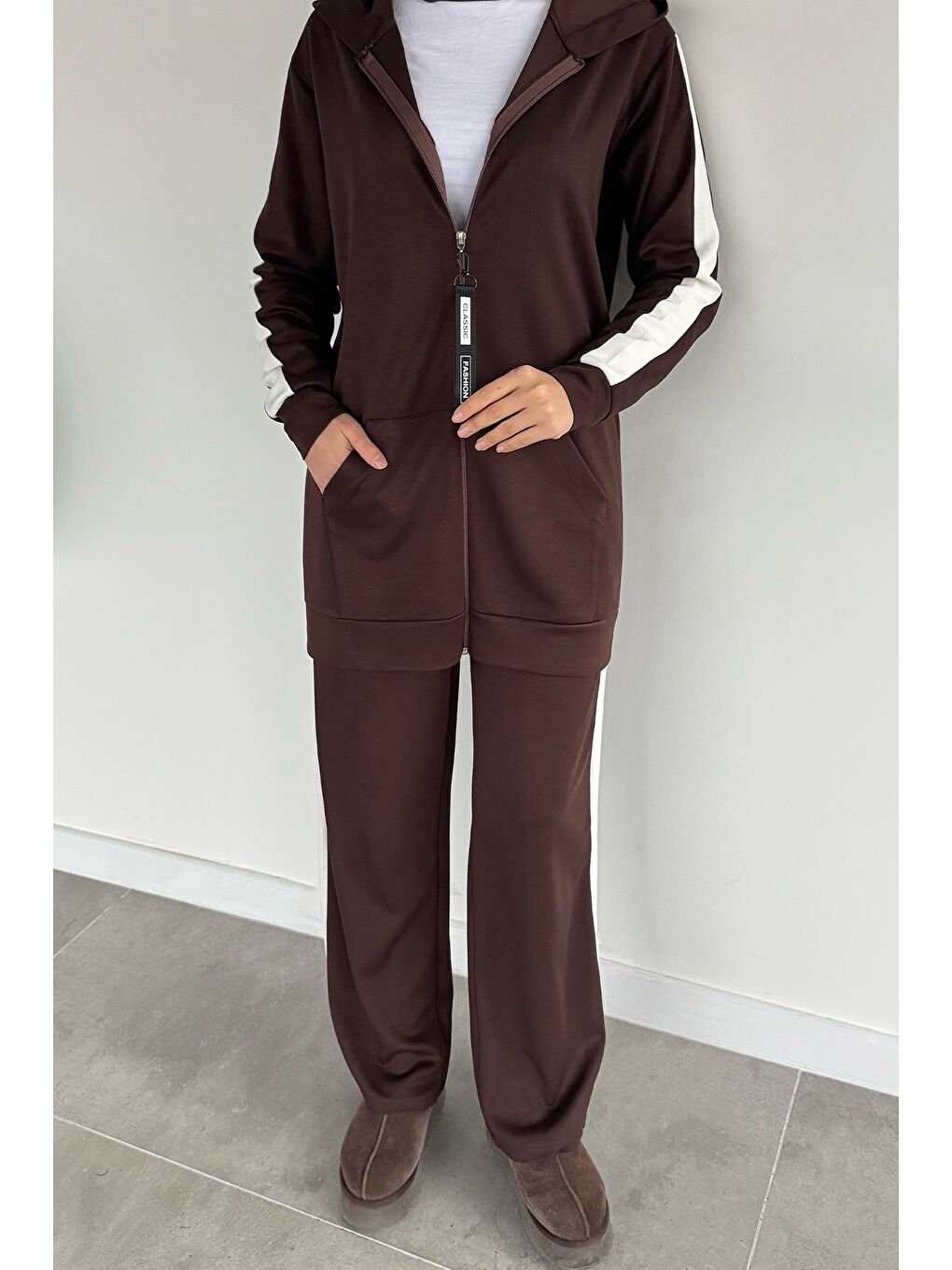 Kahverengi Tesettür Fermuarlı Kapüşonlu Tunik Pantolon İkili Takım-3