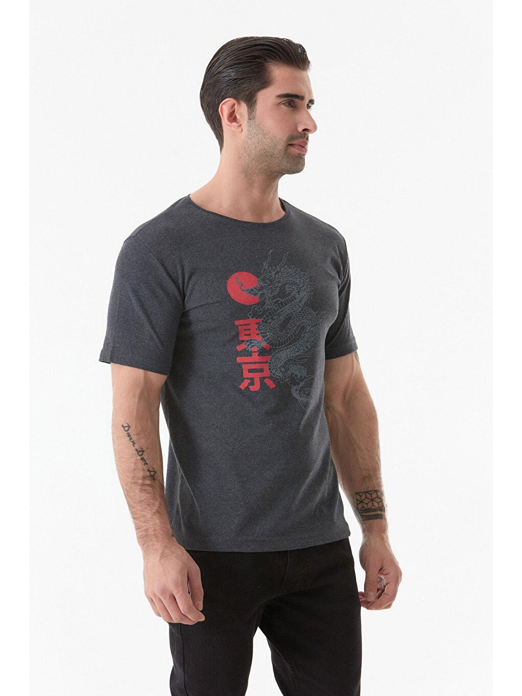 Antrasit Baskılı Bisiklet Yaka Tişört-1