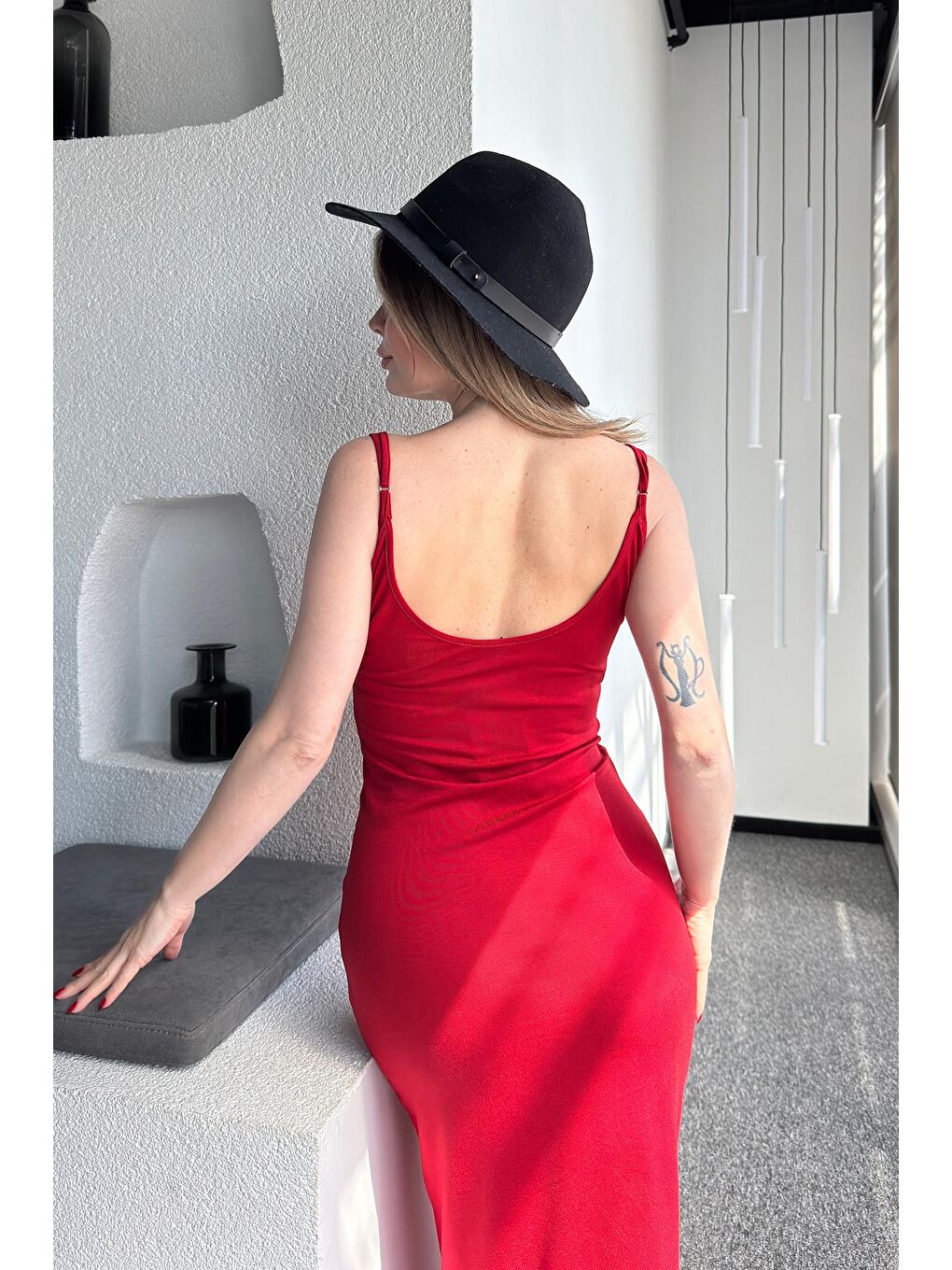 Kadın Kırmızı Askılı Penye Elbise-2