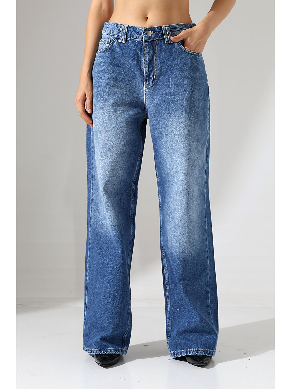 Lacivert Kadın Mavi Yıkamalı Wide Leg Jean