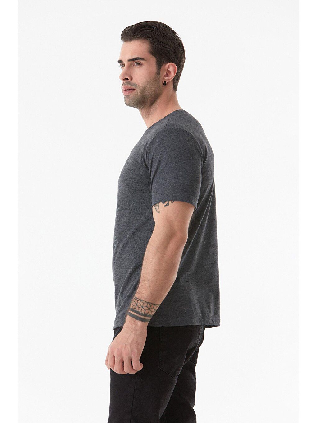 Antrasit Baskılı Bisiklet Yaka Tişört-3