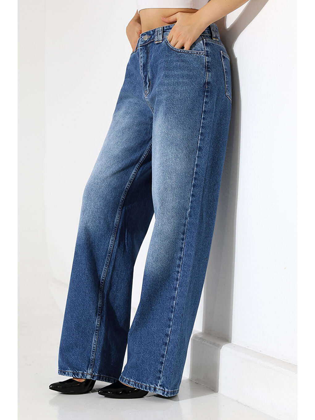 Lacivert Kadın Mavi Yıkamalı Wide Leg Jean-1