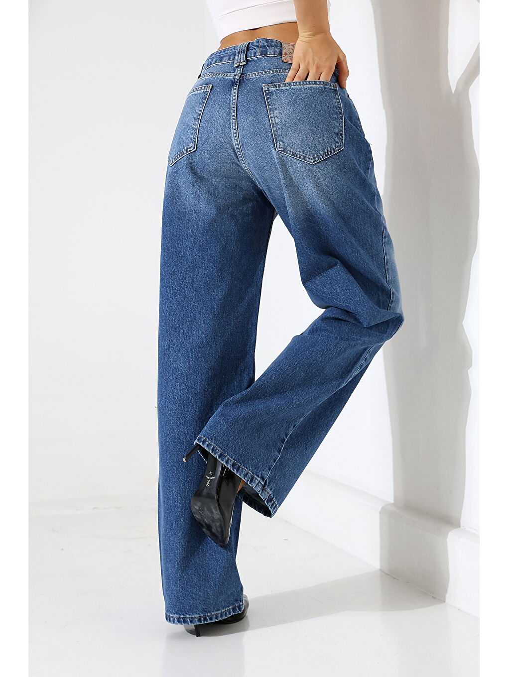 Lacivert Kadın Mavi Yıkamalı Wide Leg Jean-2