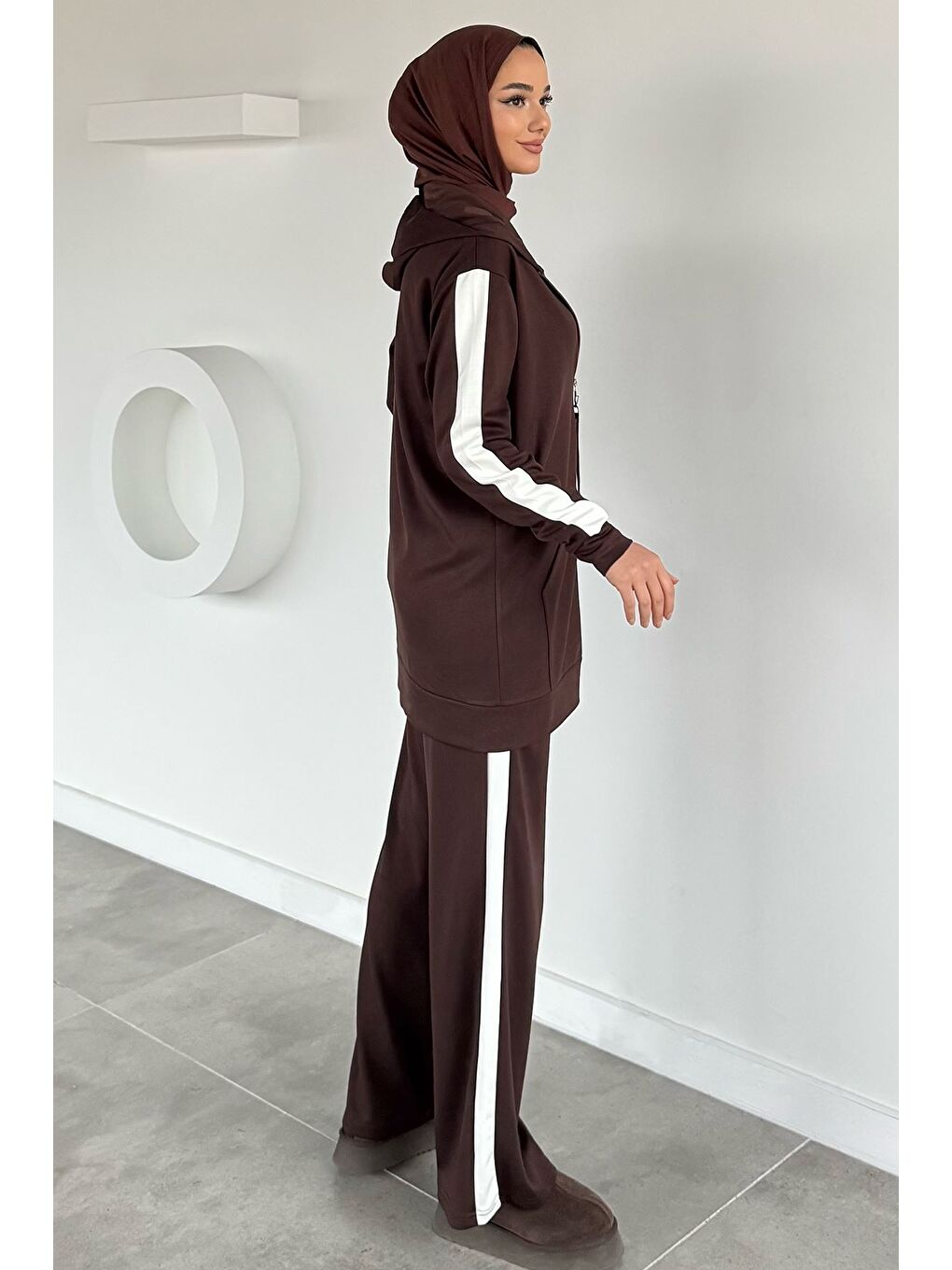 Kahverengi Tesettür Fermuarlı Kapüşonlu Tunik Pantolon İkili Takım-8