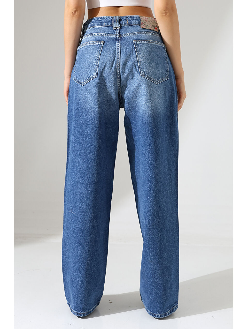 Lacivert Kadın Mavi Yıkamalı Wide Leg Jean-3