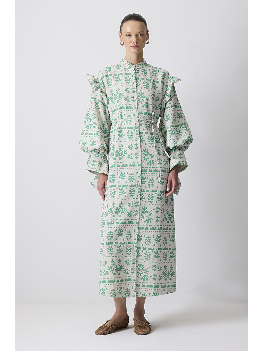 Yeşil Keten Dokulu Desenli Elbise