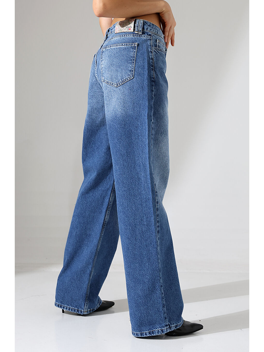 Lacivert Kadın Mavi Yıkamalı Wide Leg Jean-4
