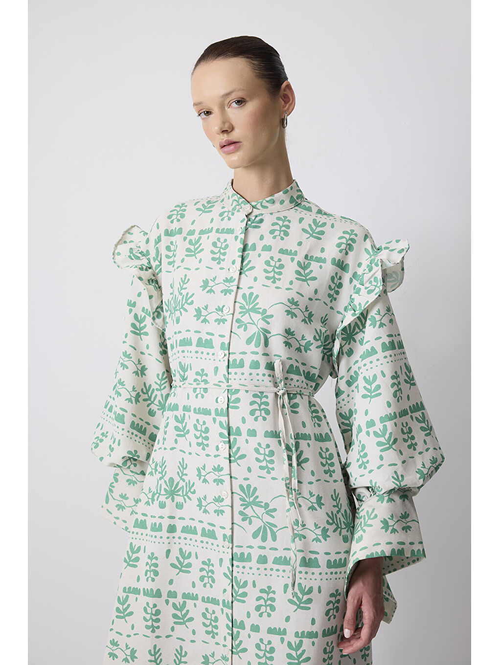 Yeşil Keten Dokulu Desenli Elbise-1