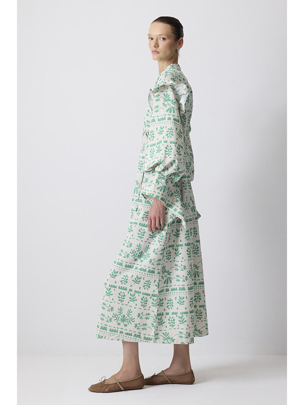 Yeşil Keten Dokulu Desenli Elbise-2