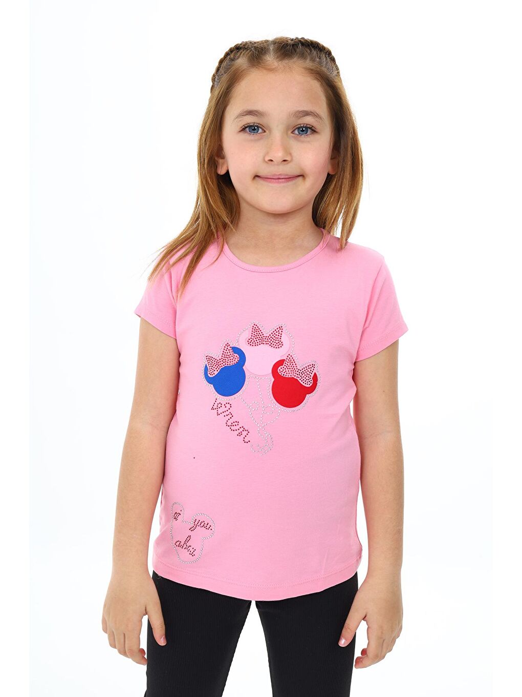 Pembe Kız Çocuk Taş Süsleme ve Fiyonk Baskılı T-Shirt 3-13 Yaş Zu112-1