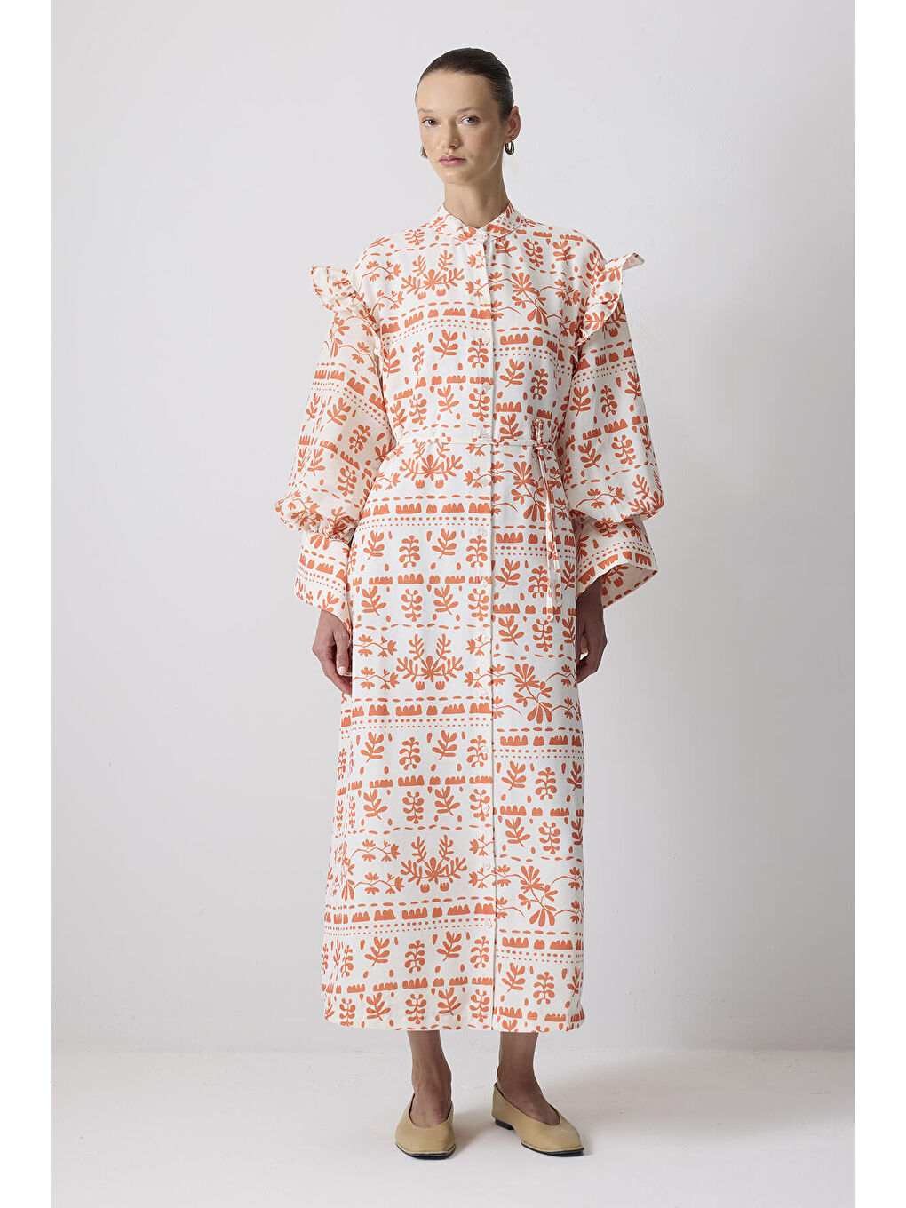 Turuncu Keten Dokulu Desenli Elbise