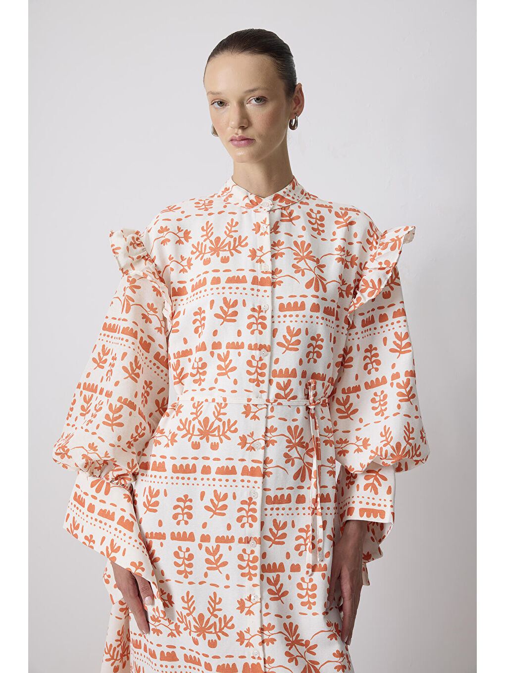 Turuncu Keten Dokulu Desenli Elbise-1