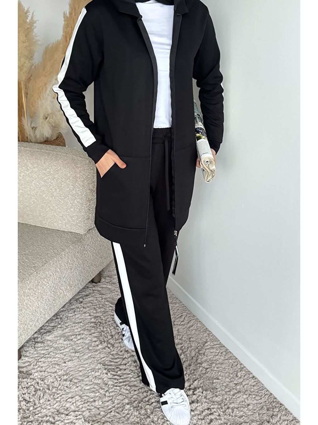 Siyah Tesettür Fermuarlı Kapüşonlu Tunik Pantolon İkili Takım-5