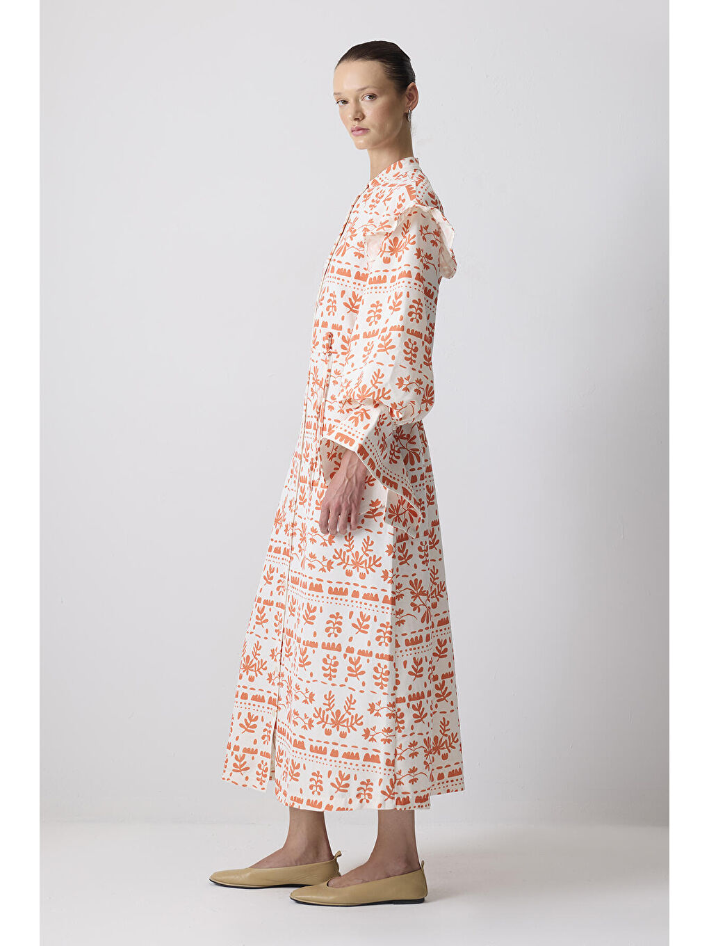 Turuncu Keten Dokulu Desenli Elbise-2