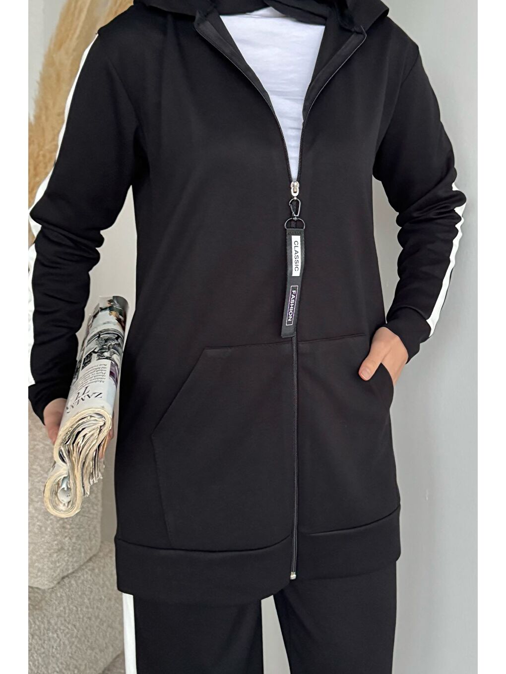 Siyah Tesettür Fermuarlı Kapüşonlu Tunik Pantolon İkili Takım-6