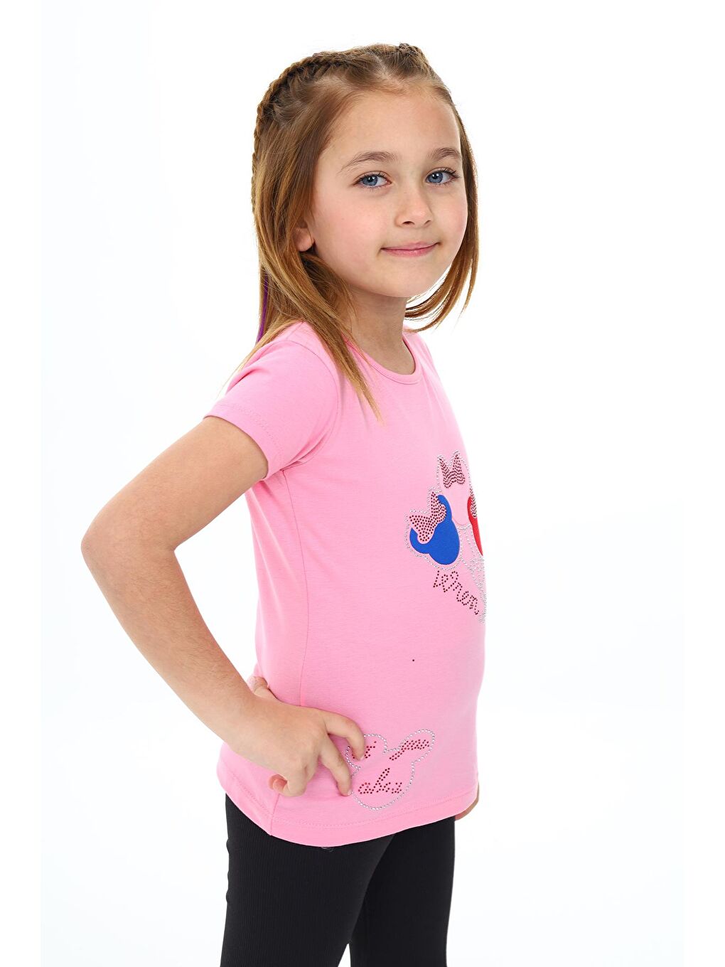 Pembe Kız Çocuk Taş Süsleme ve Fiyonk Baskılı T-Shirt 3-13 Yaş Zu112-1-2