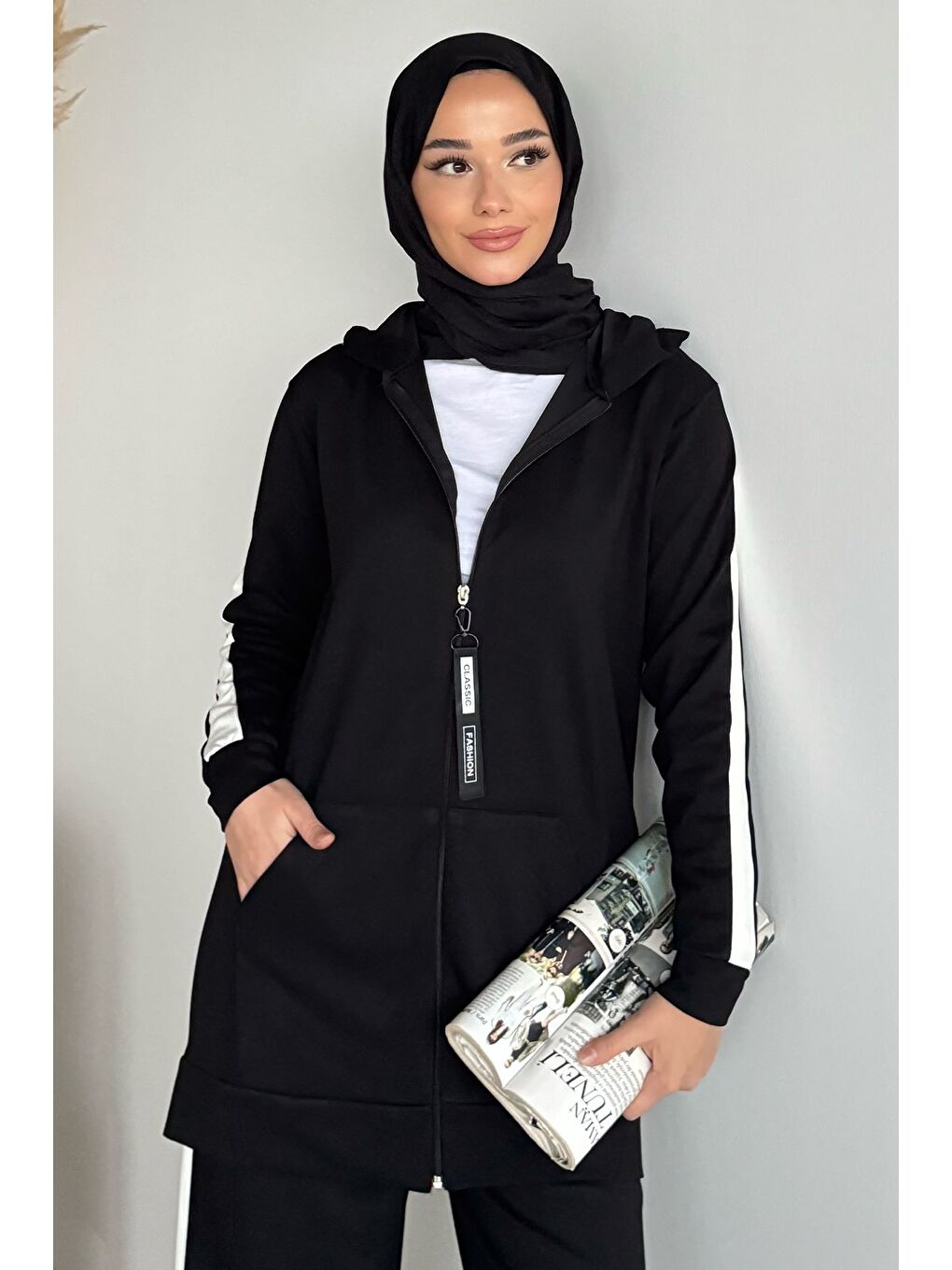 Siyah Tesettür Fermuarlı Kapüşonlu Tunik Pantolon İkili Takım-8