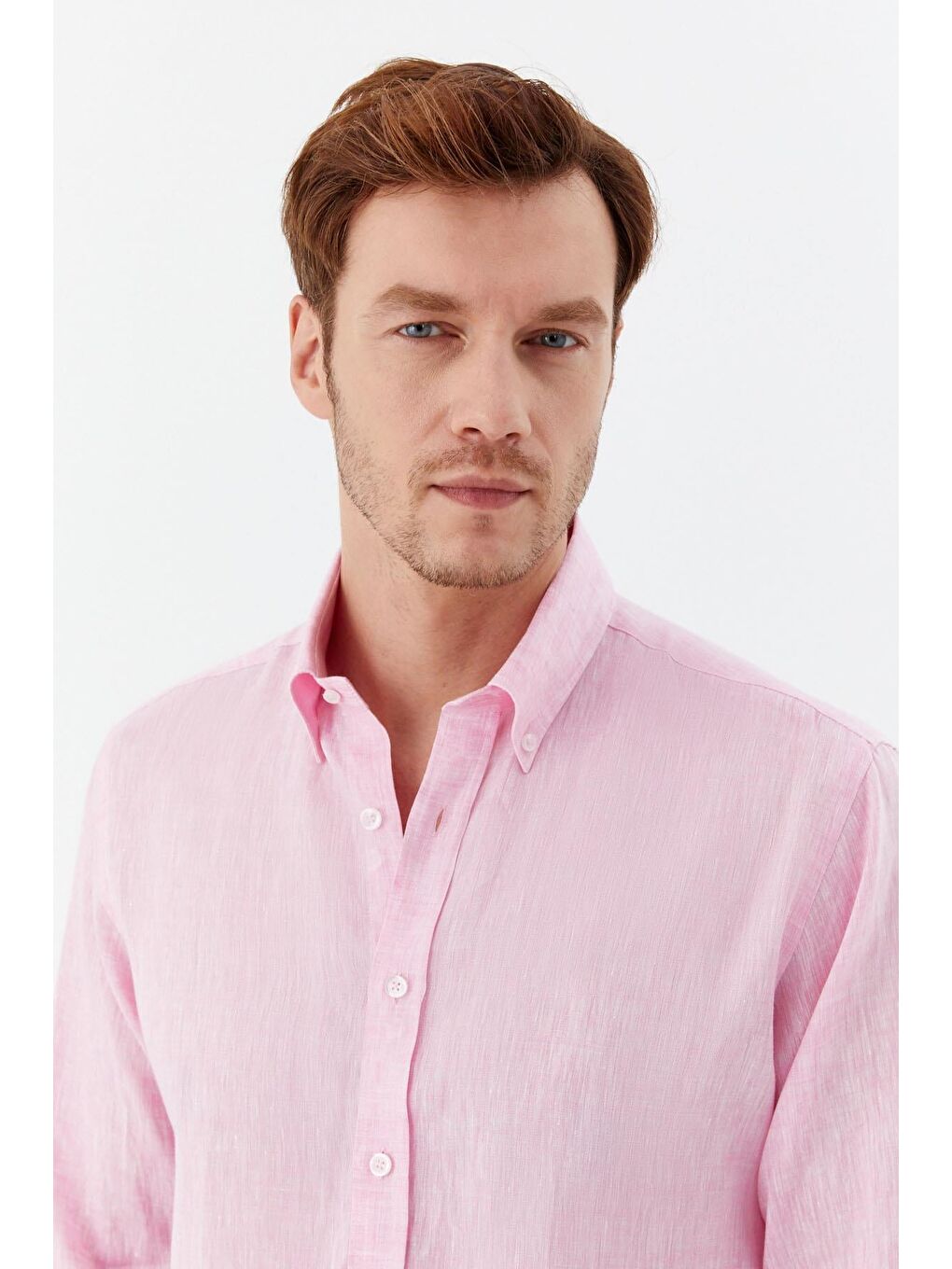 Erkek Pembe Uzun Kollu %100 Keten Regular Fit Düğmeli Yaka Gömlek-3
