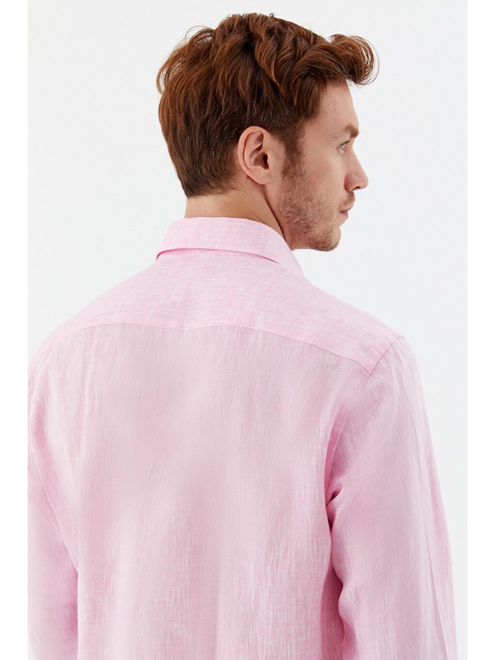 Erkek Pembe Uzun Kollu %100 Keten Regular Fit Düğmeli Yaka Gömlek-5