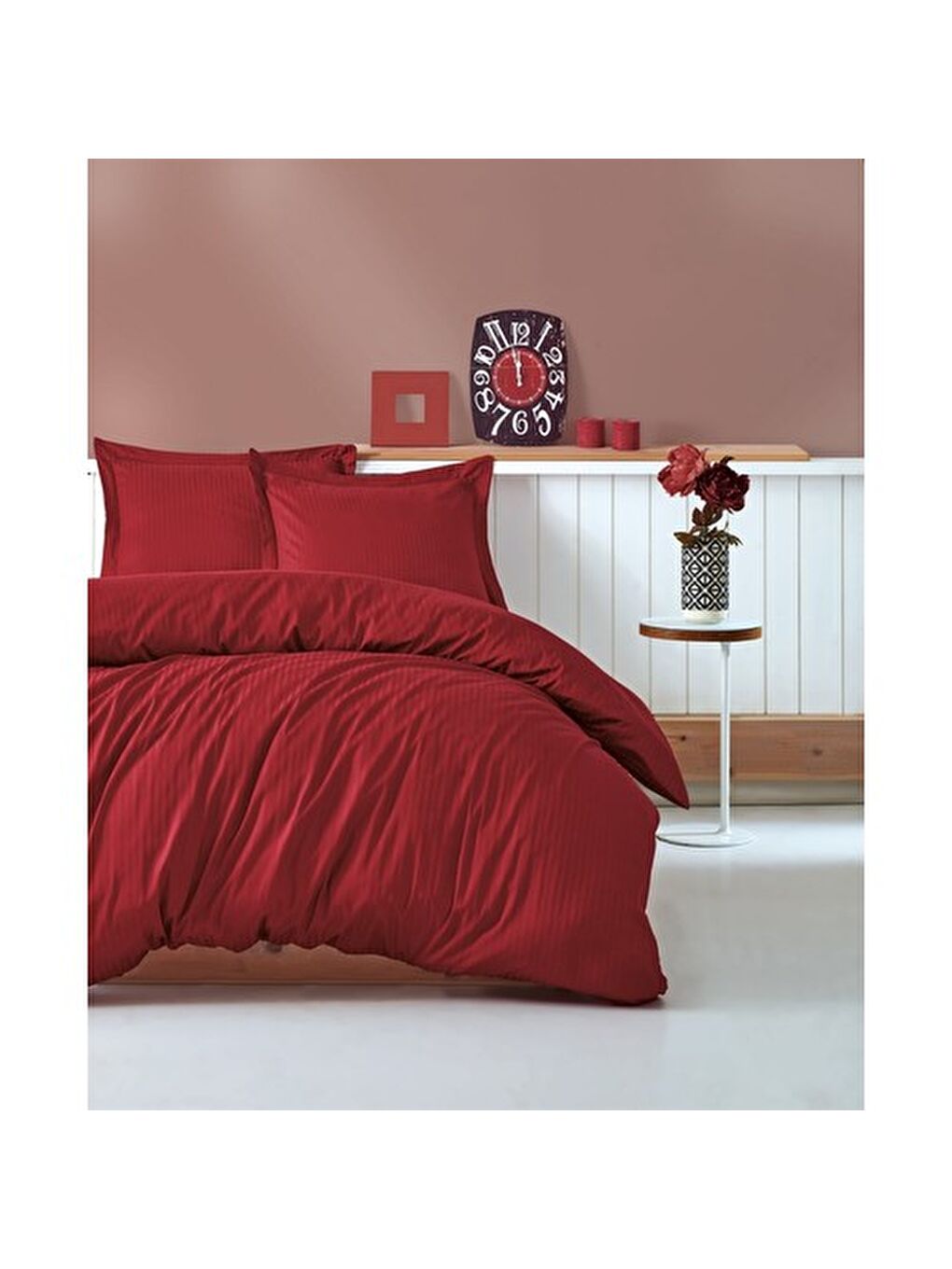 Karışık Pamuk Box Elegant Stripe Çift Kişilik Nevresim Takımı Saten Bordo