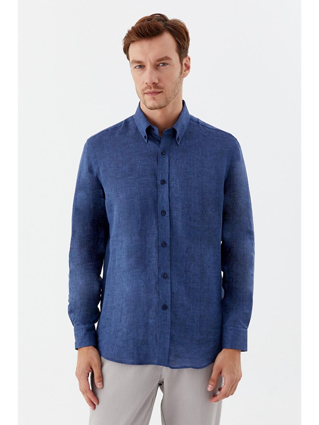 Mavi Erkek İndigo Uzun Kollu %100 Keten Regular Fit Düğmeli Yaka Gömlek-2