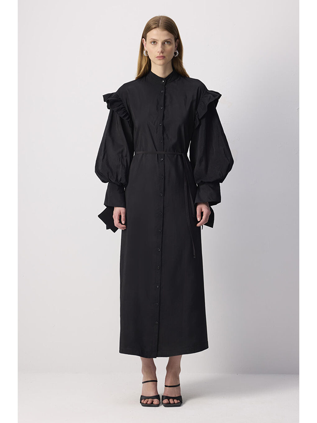 Siyah Fırfırlı Kupra Elbise-1