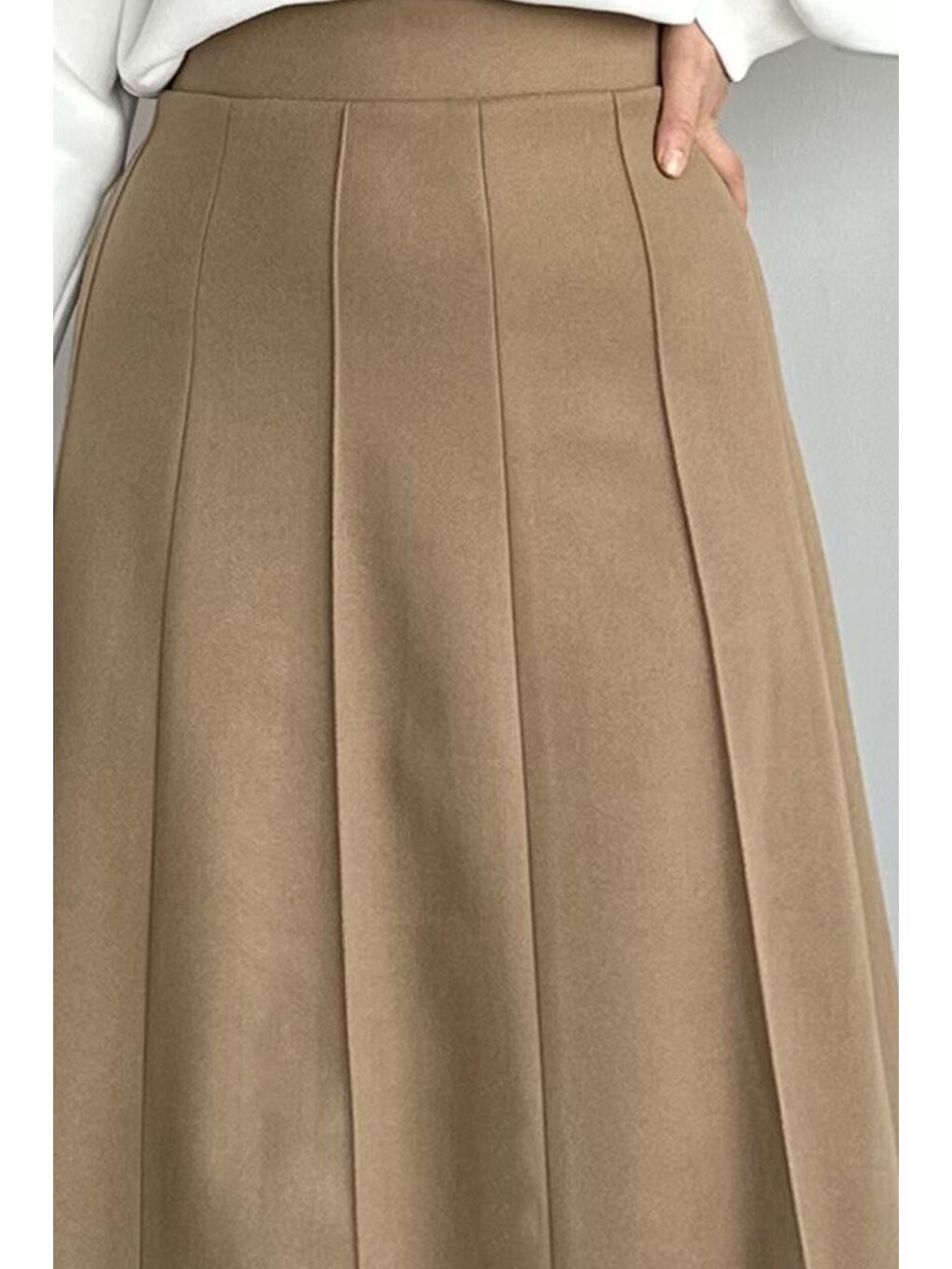 Bej Bel Lastikli Çimalı Kaşe Tesettür Etek-5