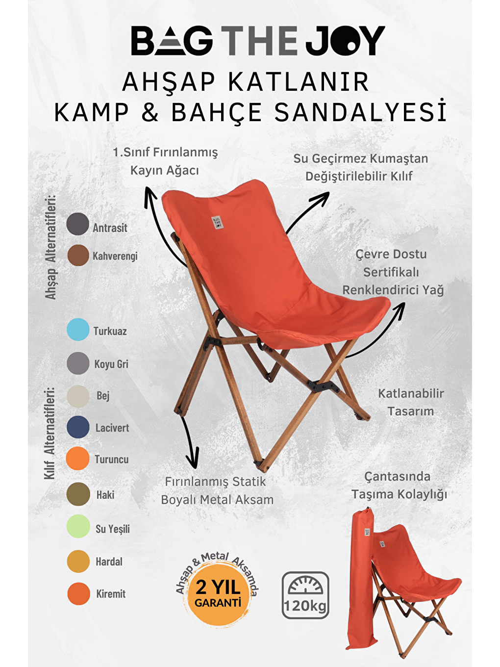Kahverengi İskelet –Kiremit Kılıf Ahşap Katlanır Kamp & Bahçe Sandalyesi-4