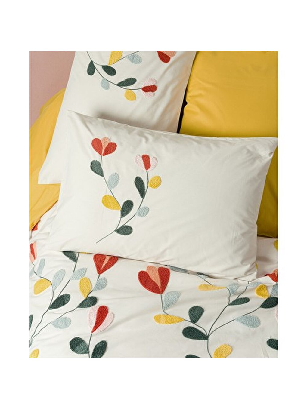 Karışık Pamuk Box Puff Nakışlı Çift Kişilik Nevresim Takımı Nella Hardal-2