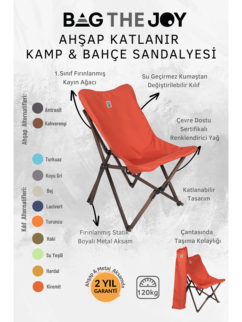 Kahverengi Antrasit İskelet –Kiremit Kılıf Ahşap Katlanır Kamp & Bahçe Sandalyesi-4