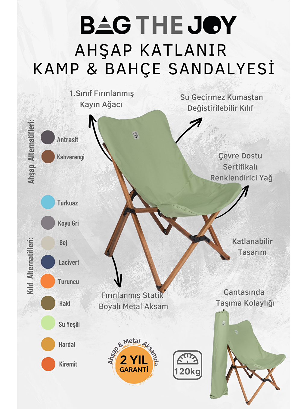 Turkuaz Kahverengi İskelet – Su Yeşili Kılıf Ahşap Katlanır Kamp & Bahçe Sandalyesi-4