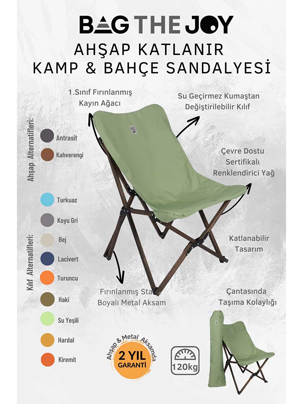 Turkuaz Antrasit İskelet –Su Yeşili Kılıf Ahşap Katlanır Kamp & Bahçe Sandalyesi-4