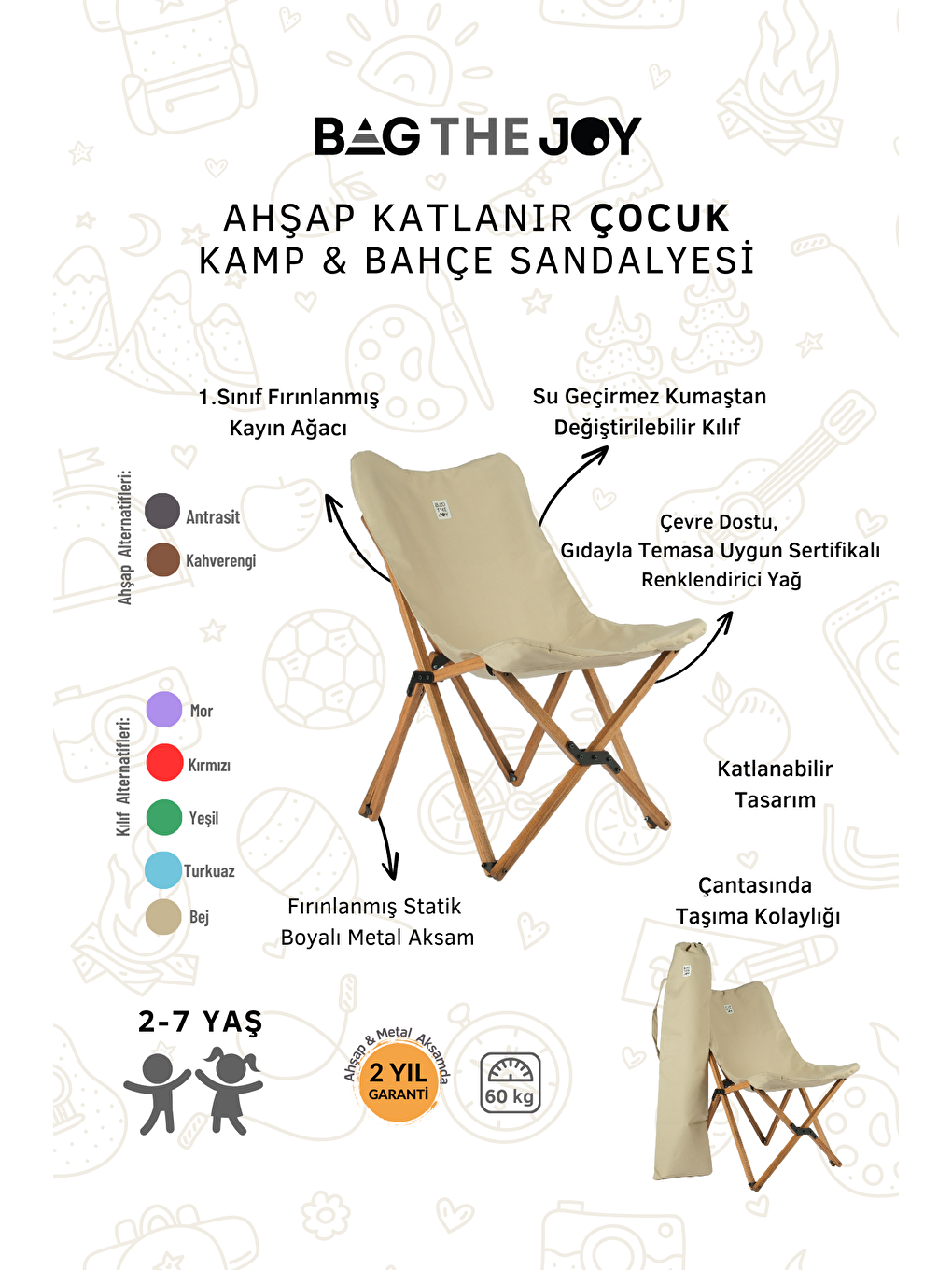 Kıds Katlanır Ahşap Kamp Bahçe Sandalyesi Kahverengi İskelet Yeşil Kılıf-3