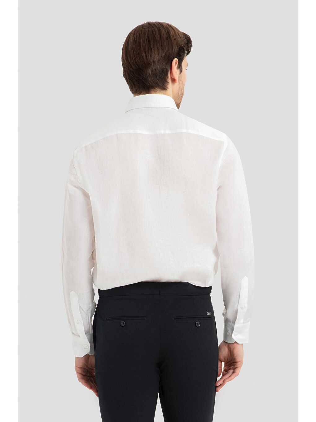 Erkek Beyaz Uzun Kollu %100 Keten Regular Fit Düğmeli Yaka Gömlek-2