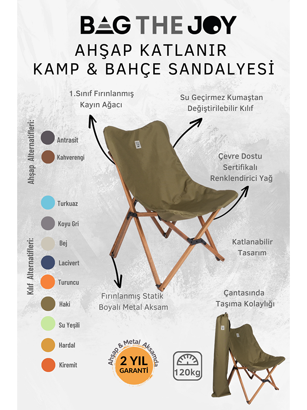 Kahverengi İskelet –Haki Kılıf Ahşap Katlanır Kamp & Bahçe Sandalyesi-4