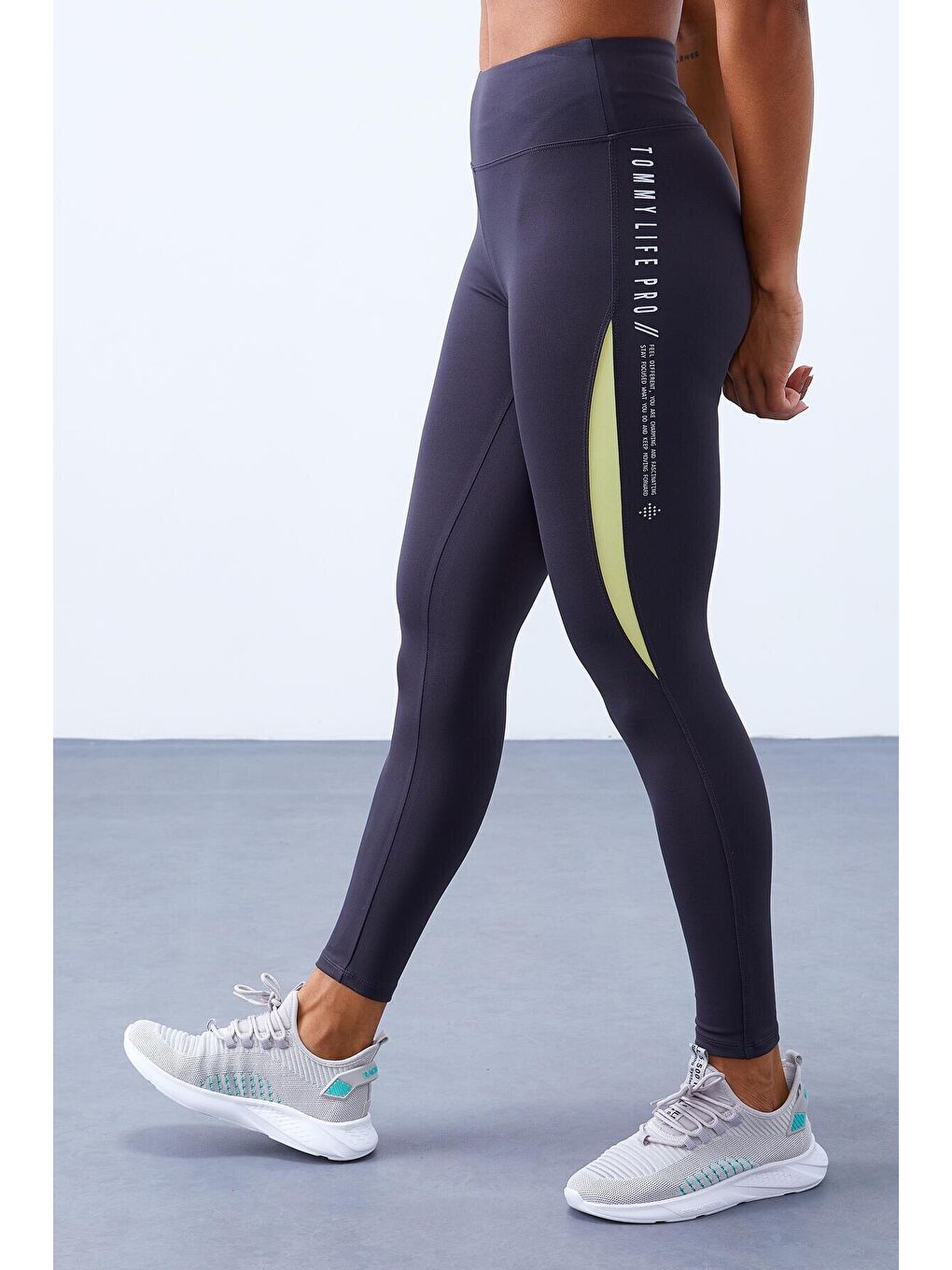 Antrasit Yarım Şerit Detaylı Yüksek Bel Slim Fit Kadın Tayt  - 94609-1