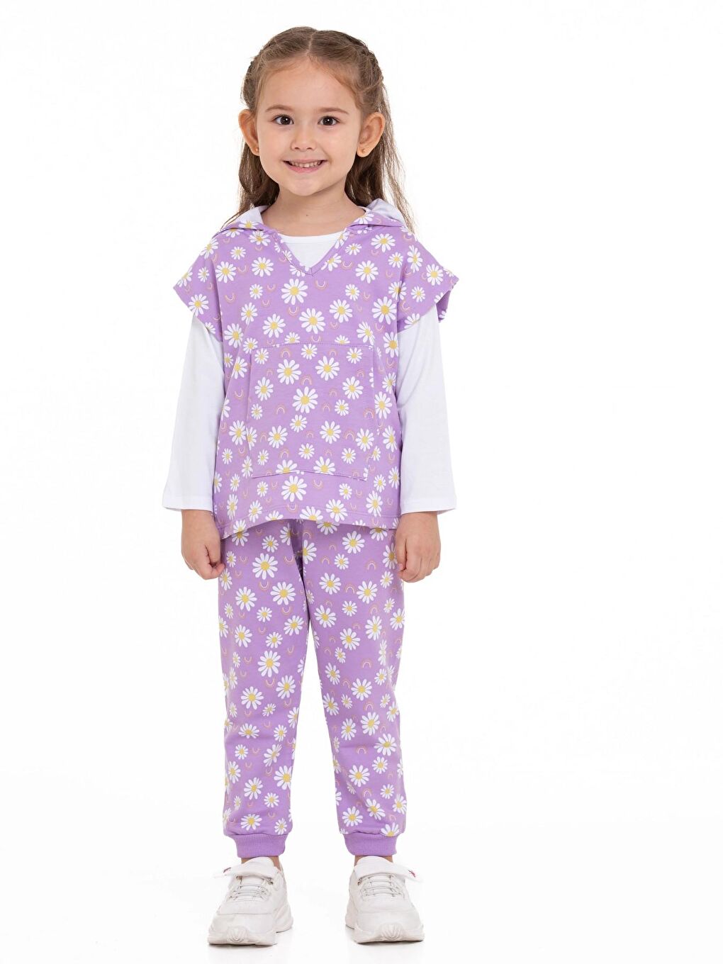 Lila Papatya Desenli 3'lü Yelekli Takım